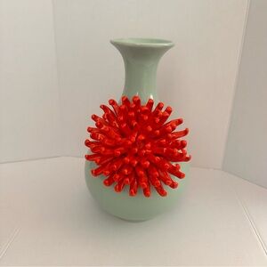 Anthropologie Green Blue Vase with Red Chrysanthemum Floral Design New